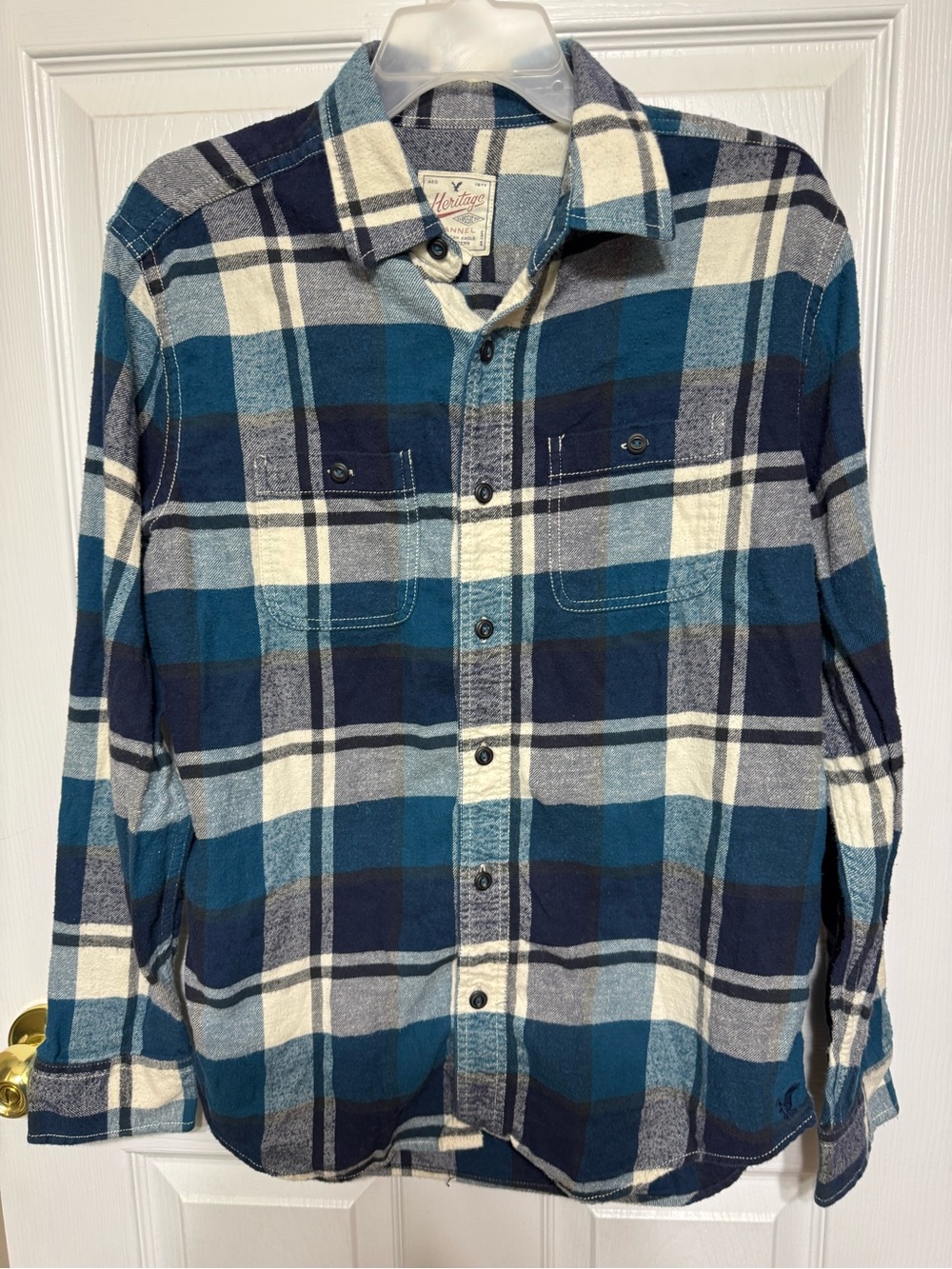 American Eagle Classic Fit Plaid Heritage Flannel Button Down Shirt Blue Sz M